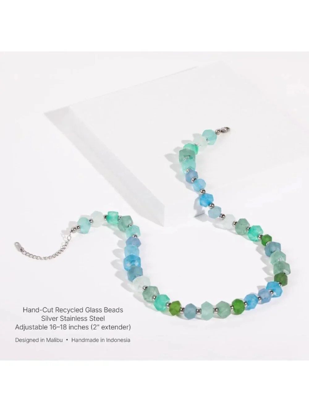 Handmade Chunky Frosted Sea Glass Beaded Necklace - Boho Adjustable 16-18